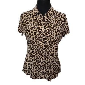 Charter Club Size Medium‎ Petite leopard short sleeve ruffle button front blouse